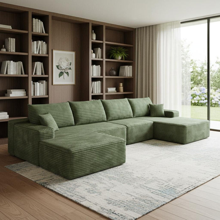 135" 2 Piece Living Room Set Corduroy Modular Compression Foam Sofa With Ottoman Toss Pillows - Green