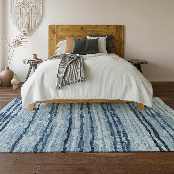 9' X 12' Striped Washable Area Rug With UV Protection - Blue / Ivory