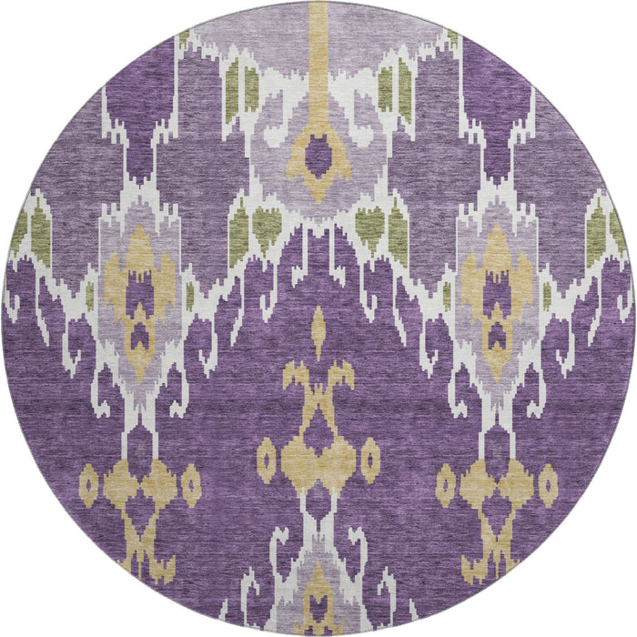8' Ikat Washable Round Rug With UV Protection - Purple