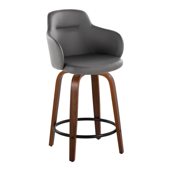 Boyne - 24" Fixed-Height Counter Stool With Swivel (Set of 2) - Walnut Wood, Gray Faux Leather And Round Black Metal Footrest