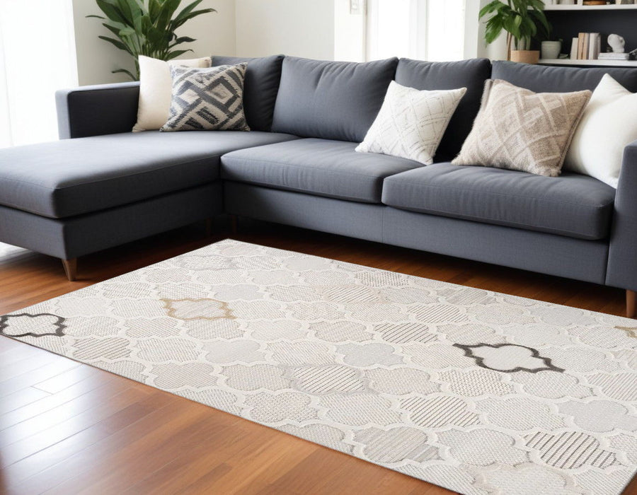 8' x 11' Geometric Distressed Polyester Area Rug - Cream And Beige