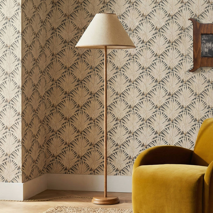 TOV Furniture Keria vegan leather and raffia designer floor lamp with natural finish, showcasing a stylish, modern lighting piece.