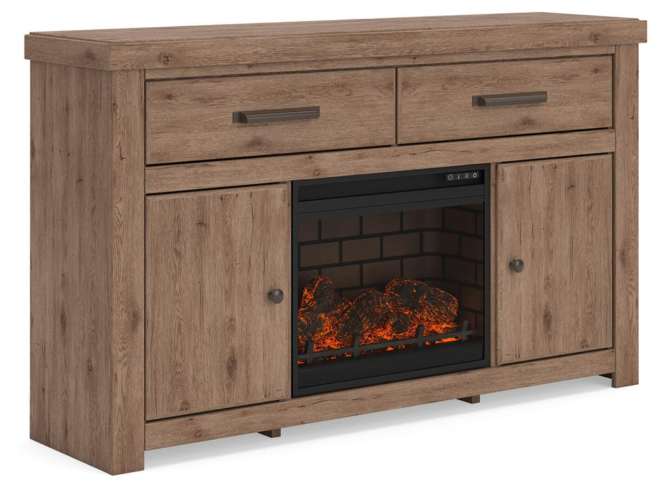 Signature Design by Ashley Garistyn TV stand with fireplace option, featuring wood finish and modern storage compartments.