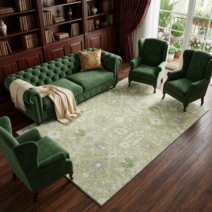 10' X 14' Oriental Washable Area Rug With UV Protection (679174) - Artichoke Green / Gray / Ivory