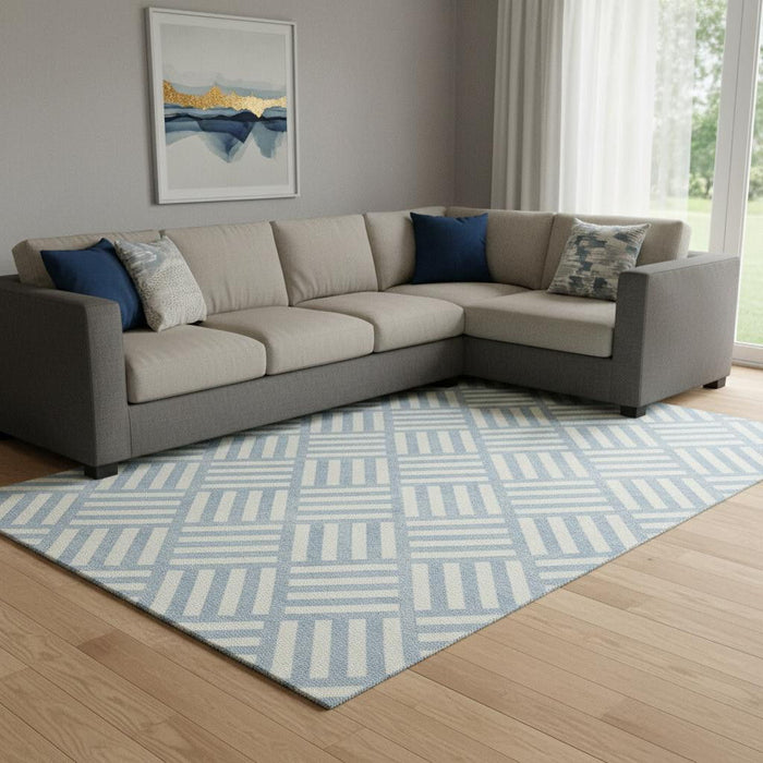 10' X 14' Geometric Washable Area Rug With UV Protection (652431) - Sky Blue / Ivory