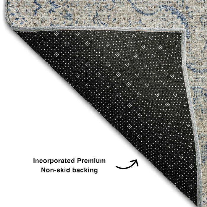 10' X 14' Oriental Washable Area Rug With UV Protection (678904) - Navy Blue / Gray / Ivory