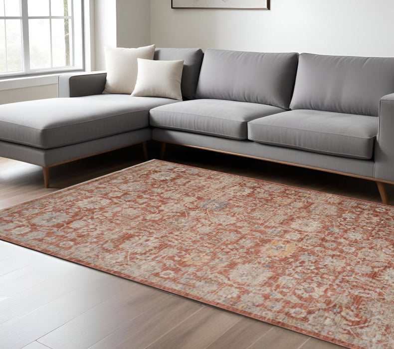 9' X 12' Floral Medallion Area Rug With Fringe - Brick Red And Gray