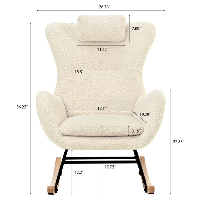 Giga teddy upholstered nursery rocking chair with high backrest, adjustable headrest, pocket, made of rubber wood for nursery or living room