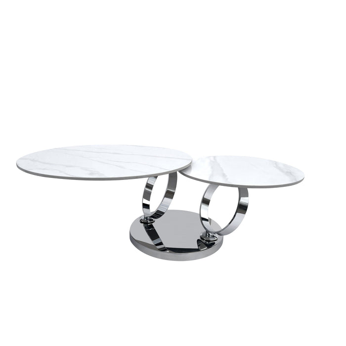 32" Ceramic Tile And Metal Round Abstract Coffee Table - White And Silver