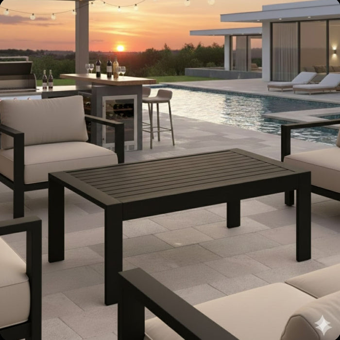 Giga all-weather outdoor coffee table with wood-look top, durable design, perfect for patio or garden seating areas.