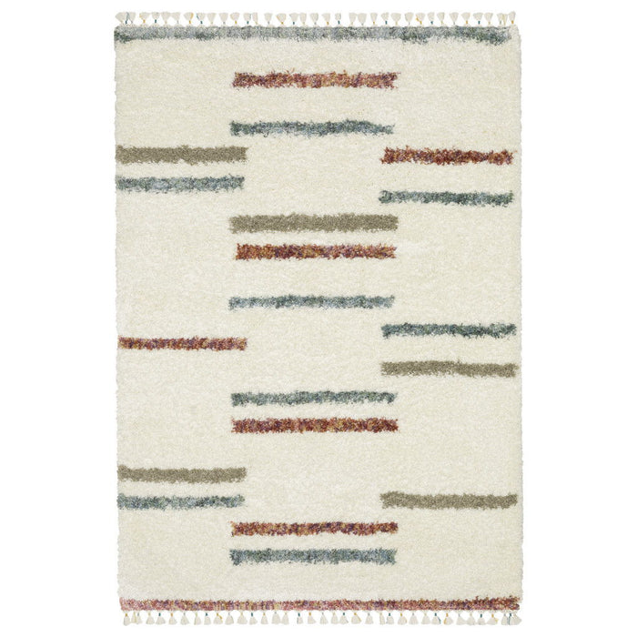 8' X 11' Striped Shag Area Rug With Fringe (574644) - Ivory / Brown / Gray