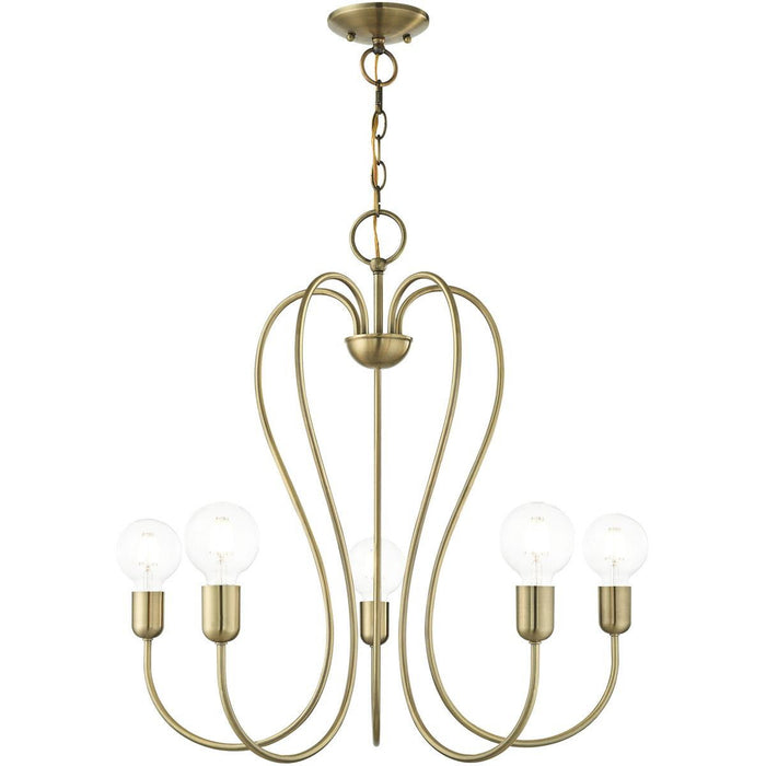 25" Five Light Dimmable Chandelier With Shades - Antiqued Brass