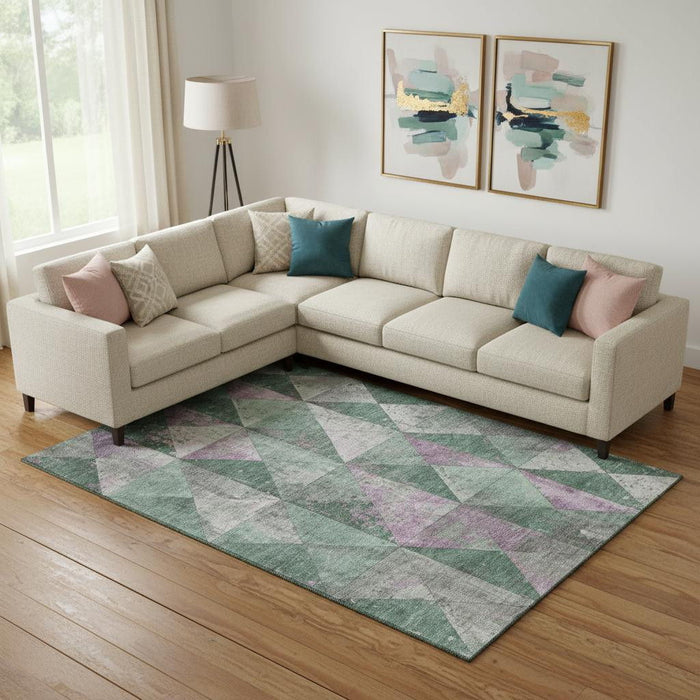 10' X 14' Geometric Washable Area Rug With UV Protection (699100) - Sage / Purple / Ivory
