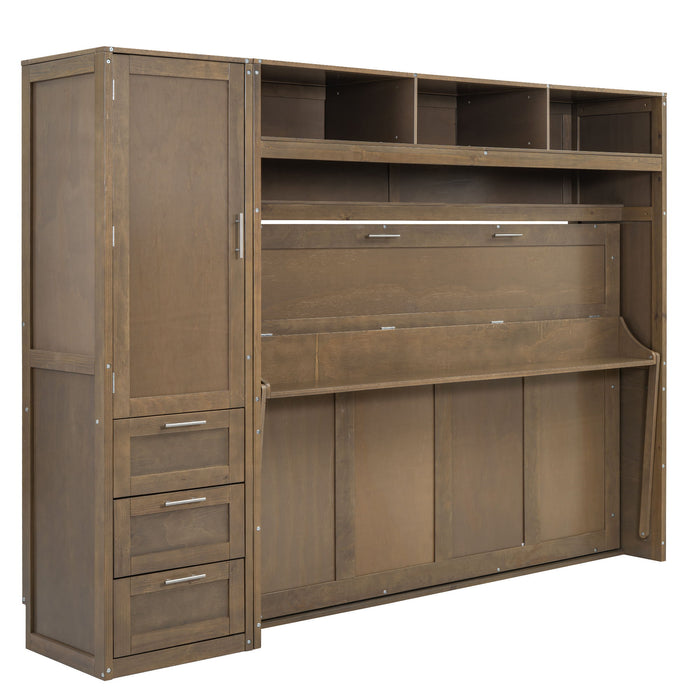 Wood Giga full size Murphy bed with integrated wardrobe, drawers, and open shelves for versatile storage and space saving.
