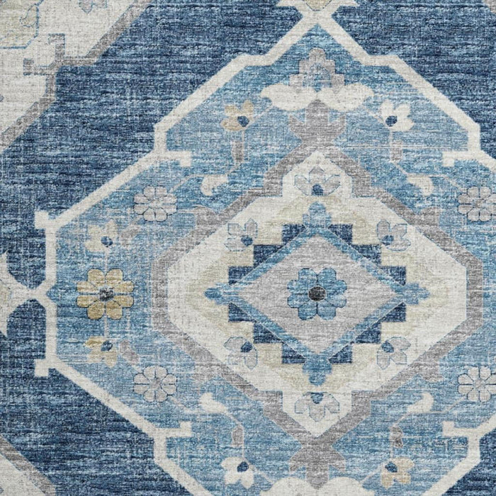 8' Tribal Distressed Washable Round Rug With UV Protection (644195) - Blue / Ivory