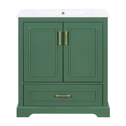 Giga bathroom vanity with sink, one divided drawer, two soft-close doors, and double shelf for stylish storage.