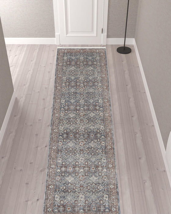 12' Floral Power Loom Runner Rug - Blue And Red