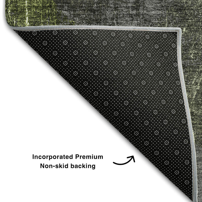 8' Abstract Washable Round Rug With UV Protection (648907) - Green / Ivory / Gray