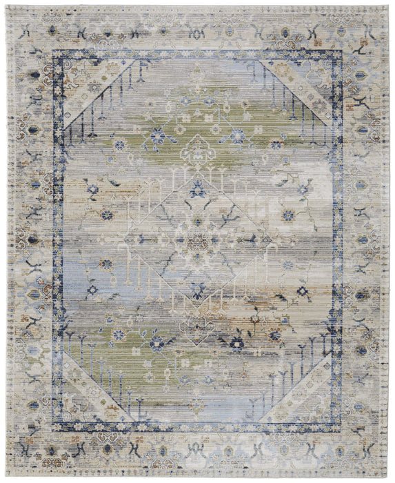 9' x 13' Abstract Power Loom Worn Faded Area Rug - Ivory Green And Blue