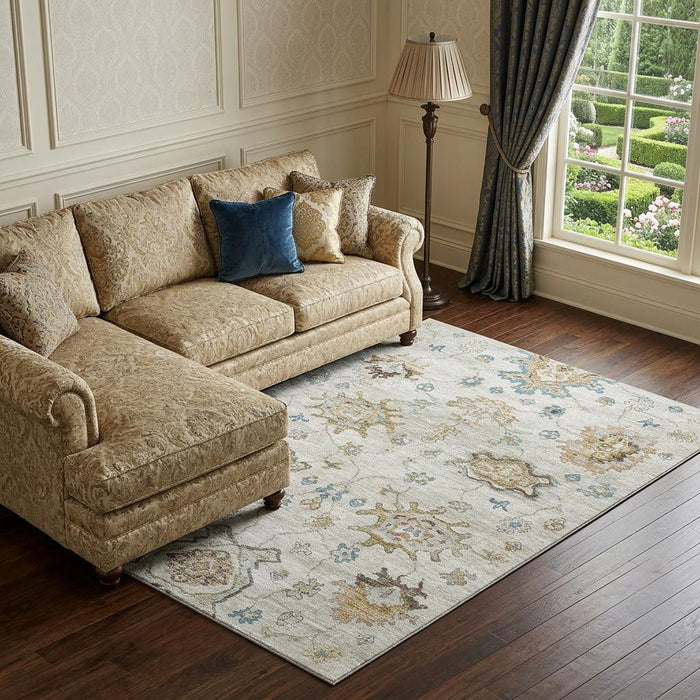 8' X 10' Floral Medallion Distressed Washable Area Rug With UV Protection (644620) - Linen / Blue / Coffee