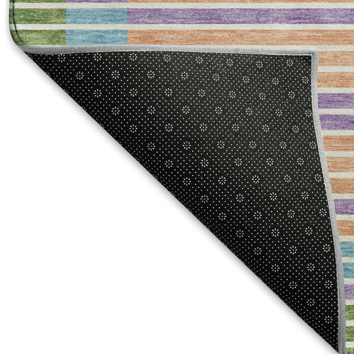 10' X 14' Striped Washable Area Rug With UV Protection (693480) - Lime Green / Peach / Teal / Purple