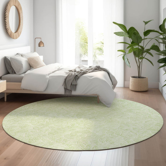 8' Floral Washable Round Rug With UV Protection - Artichoke Green And Ivory