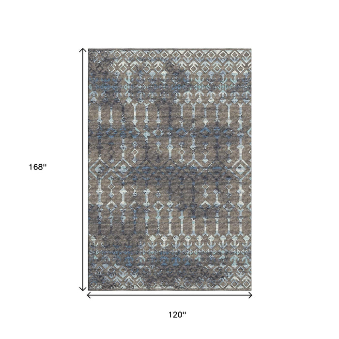 10' X 14' Burnished Tribal Washable Area Rug With UV Protection (644150) - Burnished Brown / Blue