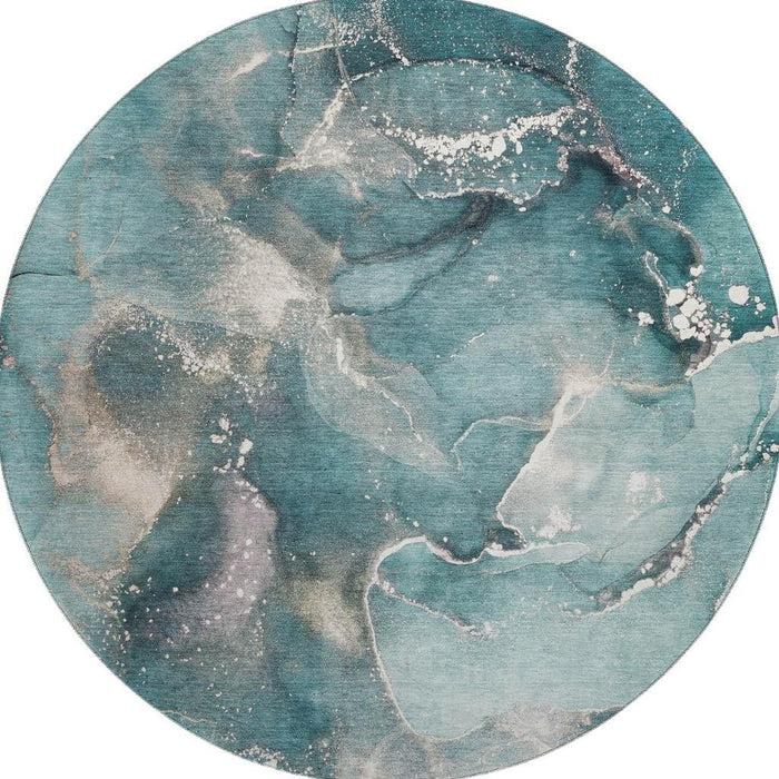 8' Abstract Washable Round Rug With UV Protection (647251) - Teal / Ivory