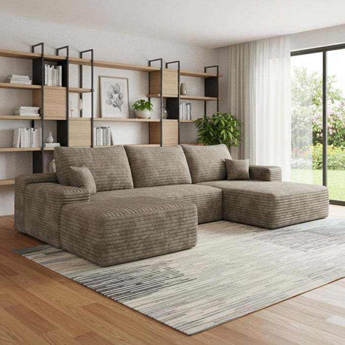 2 Piece Living Room Set Corduroy Modular Compression Foam Sofa & Ottoman Toss Pillows - Camel