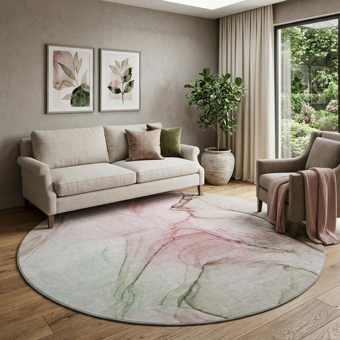 8' Abstract Washable Round Rug With UV Protection (646617) - Blush / Ivory