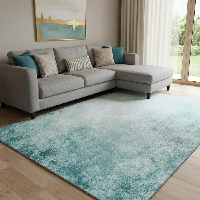 10' X 14' Abstract Washable Area Rug With UV Protection (650914) - Teal / Ivory