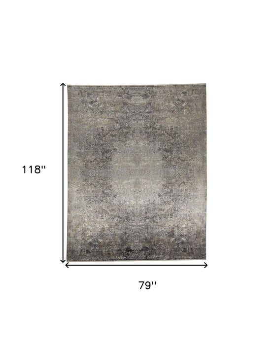 7' x 10' Oriental Power Loom Worn Faded Area Rug - Tan And Gray