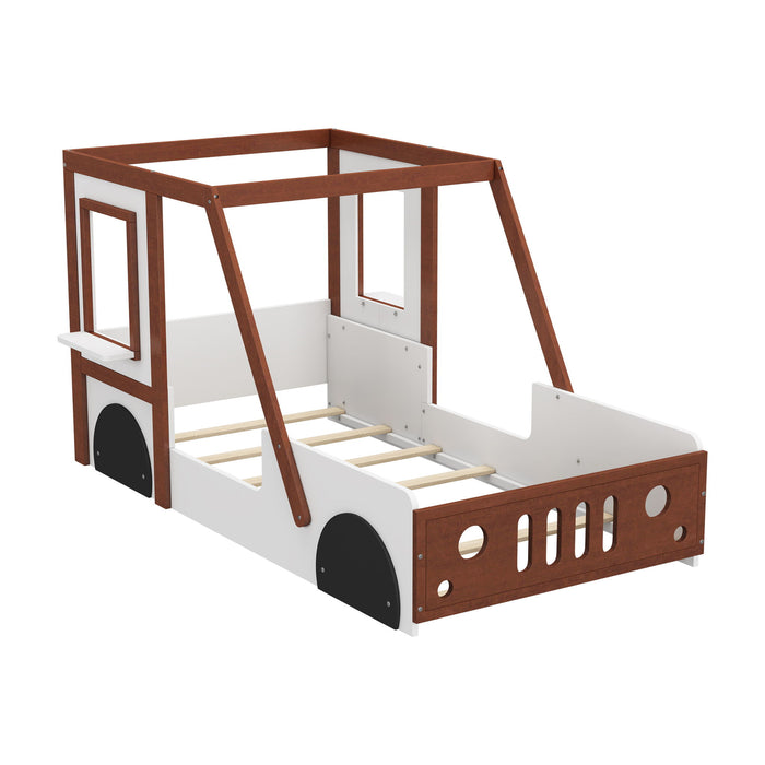 White and orange Giga twin size car bed for kids, shaped like a fun race car, ideal for boys, girls, and teens.