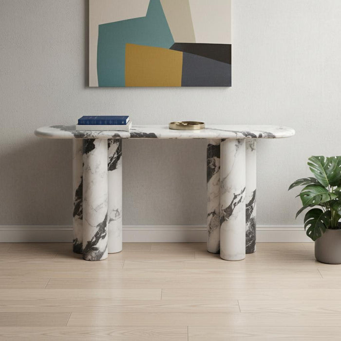 Genuine Marble And Stone Double Pedestal Console Table - White