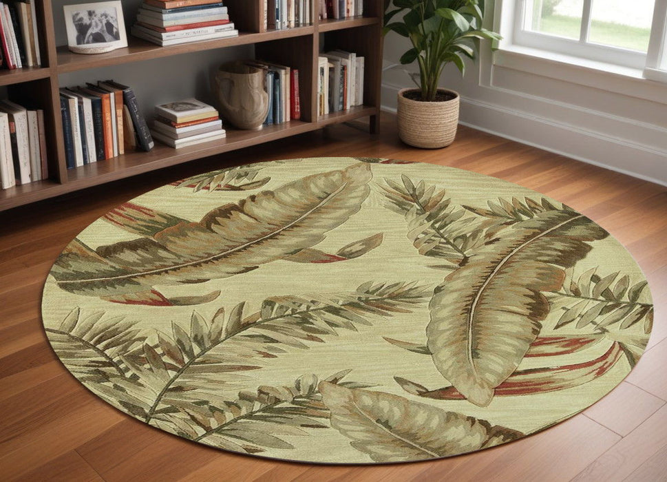 8' Hand Tufted Tropical Leaves Round Indoor Area Rug - Ivory