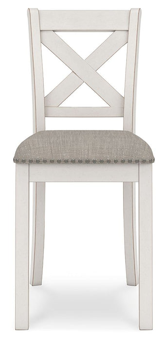 Set of two Robbinsdale upholstered barstools by Signature Design Ashley in antique white fabric with wooden legs.