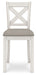 Set of two Robbinsdale upholstered barstools by Signature Design Ashley in antique white fabric with wooden legs.