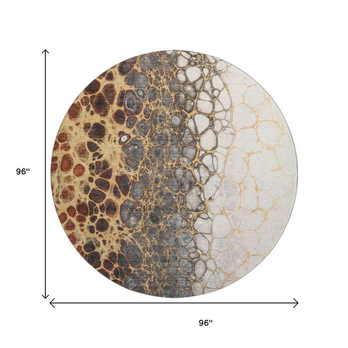 8' Abstract Washable Round Rug With UV Protection (657074) - Ivory / Gray / Gold
