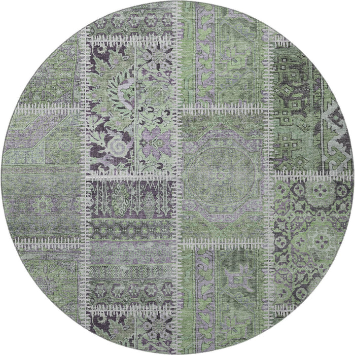 8' Patchwork Washable Round Rug With UV Protection (653245) - Green / Purple