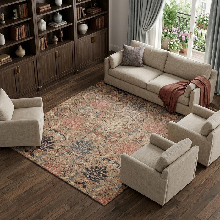 10' X 14' Damask Washable Area Rug With UV Protection (683878) - Khaki / Gray / Salmon