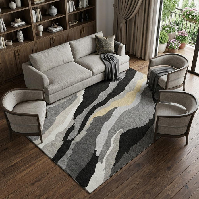 10' X 14' Abstract Washable Area Rug With UV Protection (682097) - Black / Gold / Ivory