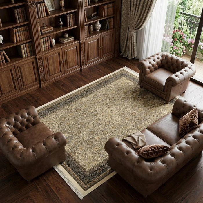 8' X 11' Medallion Area Rug With Fringe (574462) - Ivory / Dark Blue