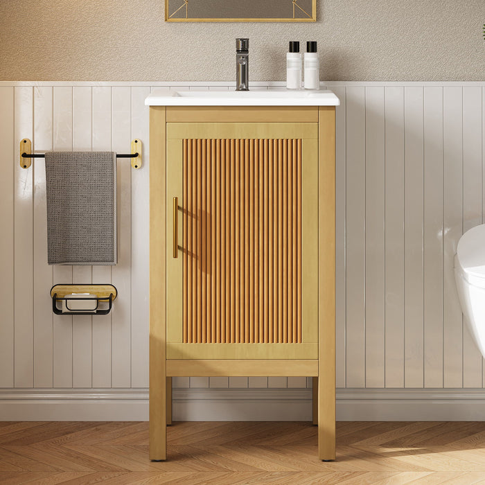 Giga bathroom vanity cabinet with sink, natural wood finish, adjustable shelf, soft closing hinges, modern design for bathroom storage