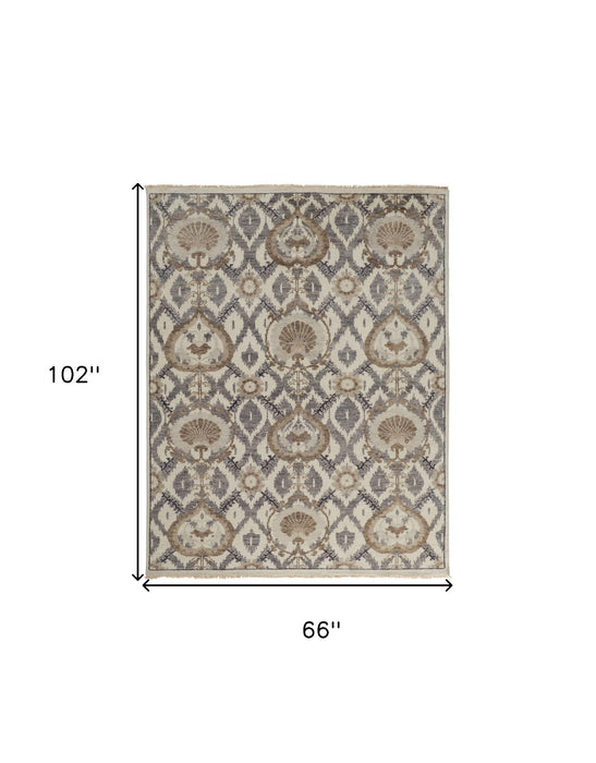 5' x 8' Wool Floral Hand Knotted Stain Resistant Area Rug - Ivory Gray And Taupe