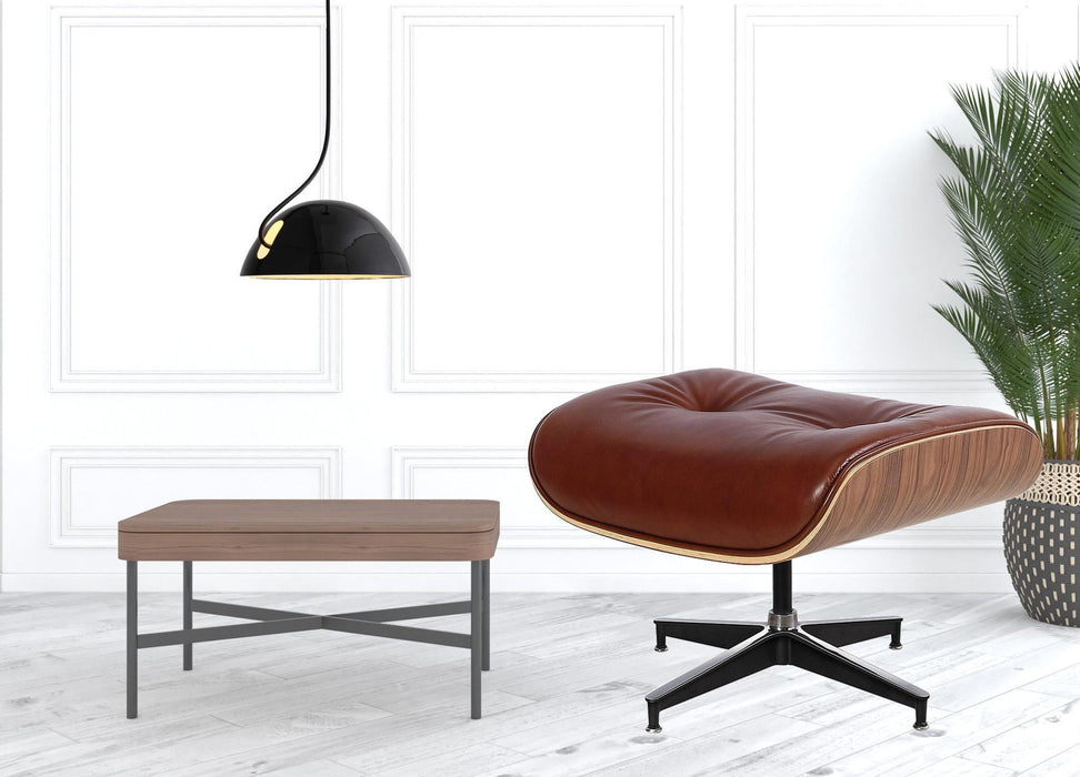 Brown tufted genuine leather swivel lounge chair with matching ottoman, stationary design, 35-inch size by HomeRoots.