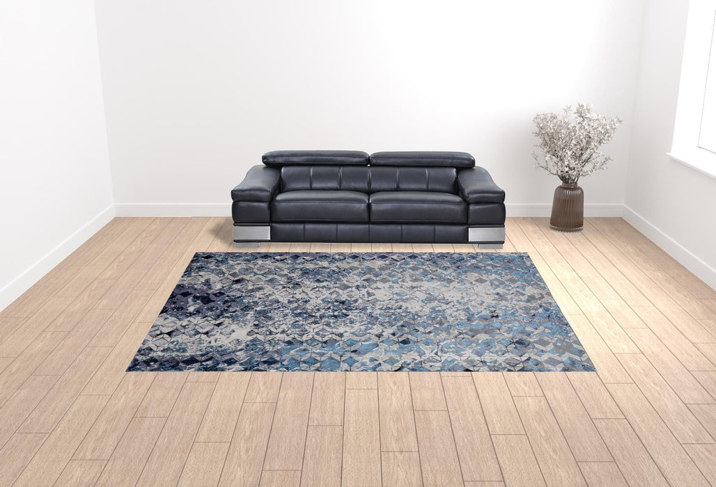 10' x 13' Geometric Power Loom Distressed Area Rug - Blue Ivory And Gray