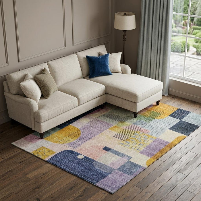 10' X 14' Abstract Geometric Washable Area Rug With UV Protection (684774) - Plum / Gold / Navy Blue