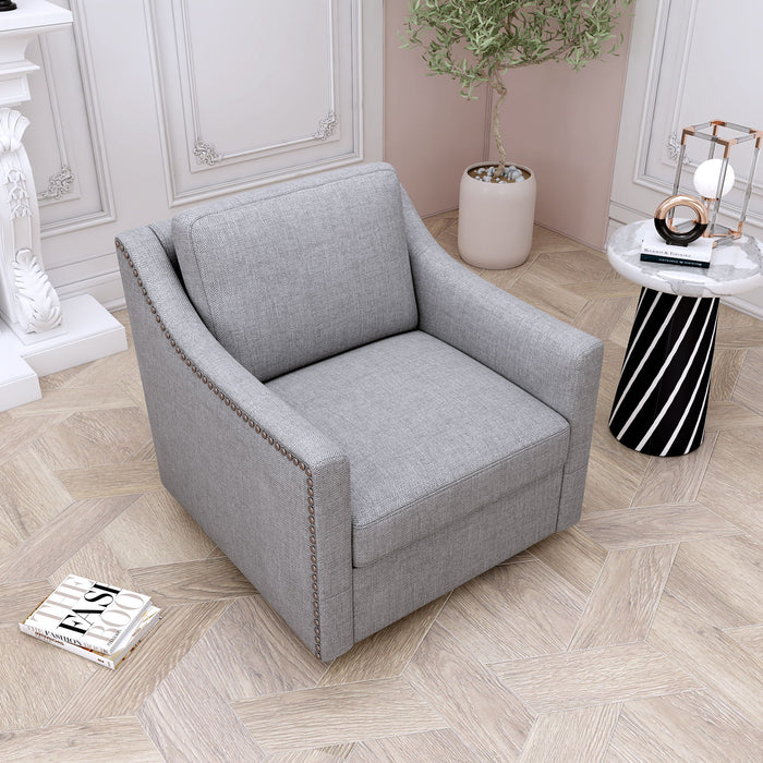 Giga 360-degree swivel armchair with skin-friendly fabric, ergonomic design, and brass nail decorative accents.