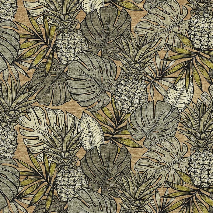 3' X 5' Tropical Botanical Distressed Washable Area Rug With UV Protection (646368) - Khaki / Gray / Yellow