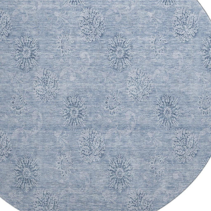 8' Floral Washable Round Rug With UV Protection - Sky Blue And Ivory
